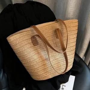 Sac à bandoulière femme grande capacité – Panier tissé paille été, sac de plage chic Bali 1