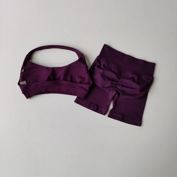Ensemble sport femme sexy – Brassière licou dos nu et short taille haute, yoga, fitness, pilates 3