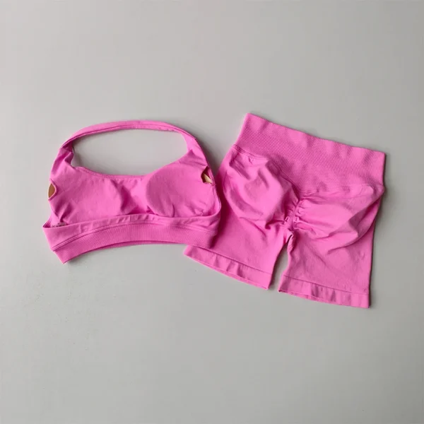 Ensemble sport femme sexy – Brassière licou dos nu et short taille haute, yoga, fitness, pilates 4