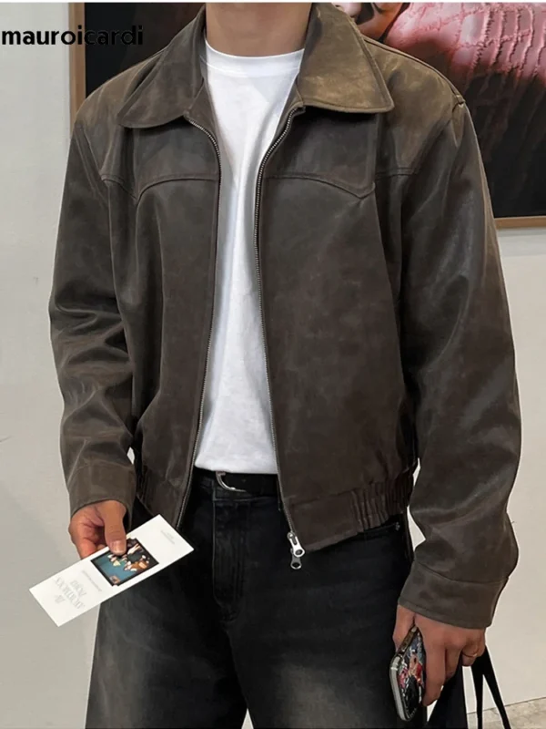 Veste Vintage Homme en Cuir PU – Marron Délavé, Style Décontracté 1