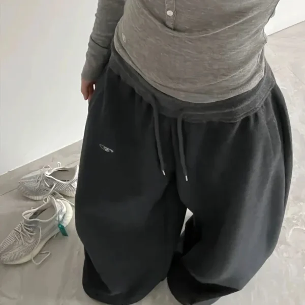 Pantalon de survêtement femme oversize noir – Streetwear coréen, taille haute, jogging décontracté 3