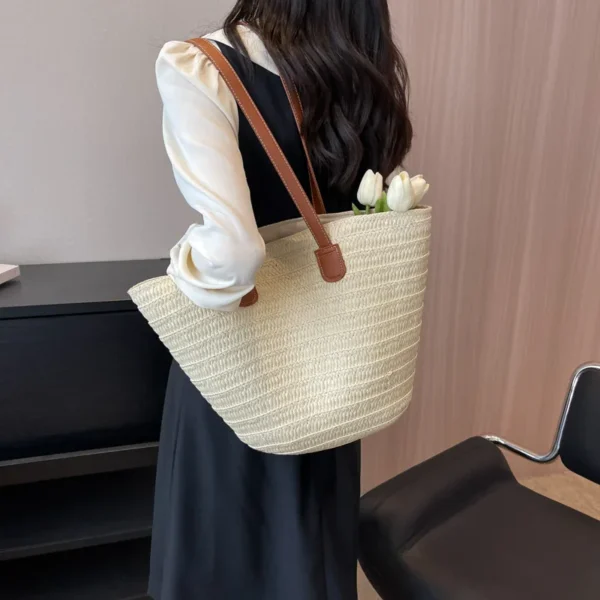Sac à bandoulière femme grande capacité – Panier tissé paille été, sac de plage chic Bali 4