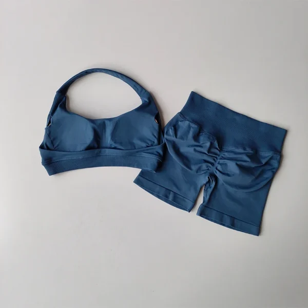 Ensemble sport femme sexy – Brassière licou dos nu et short taille haute, yoga, fitness, pilates 5