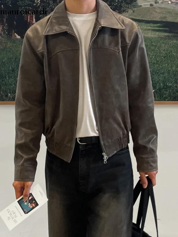 Veste Vintage Homme en Cuir PU – Marron Délavé, Style Décontracté 2