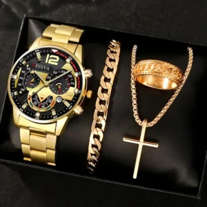 Ensemble cadeau homme 4 pièces – Montre à quartz or, collier croix, bracelet et bague 1