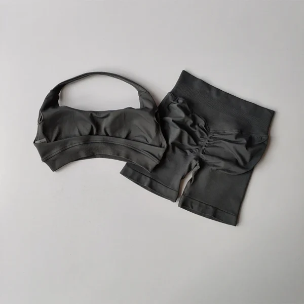 Ensemble sport femme sexy – Brassière licou dos nu et short taille haute, yoga, fitness, pilates 6
