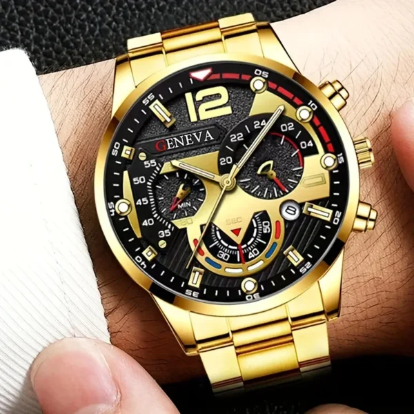 Ensemble cadeau homme 4 pièces – Montre à quartz or, collier croix, bracelet et bague 5