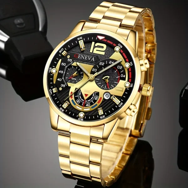 Ensemble cadeau homme 4 pièces – Montre à quartz or, collier croix, bracelet et bague 6