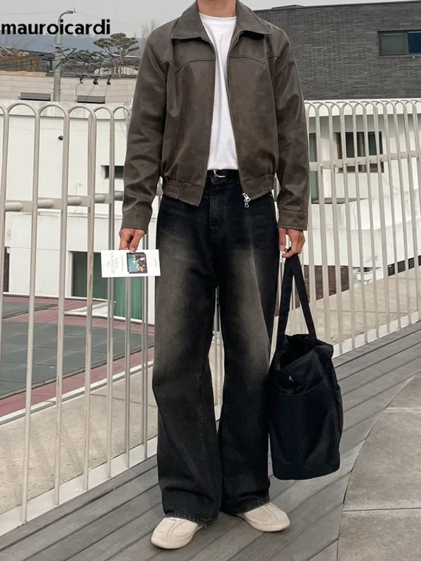 Veste Vintage Homme en Cuir PU – Marron Délavé, Style Décontracté 3