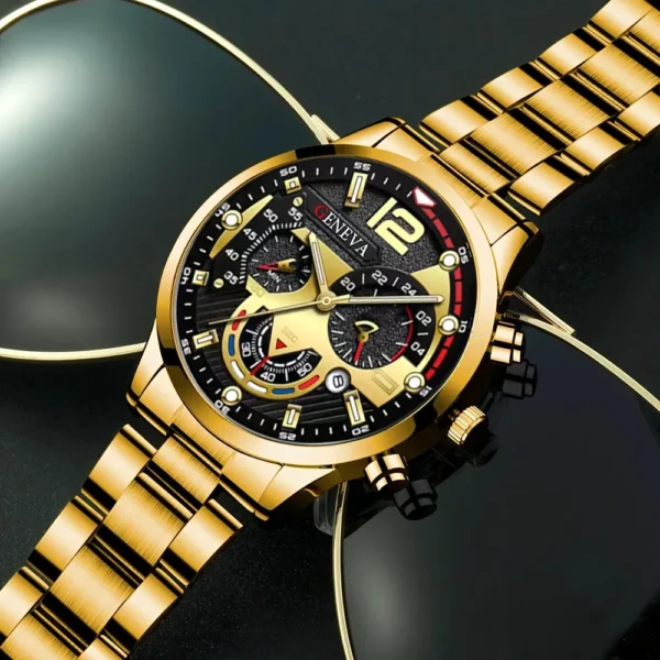 Ensemble cadeau homme 4 pièces – Montre à quartz or, collier croix, bracelet et bague 4