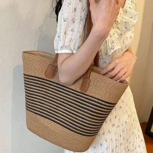 Sac à bandoulière femme grande capacité – Panier tissé paille été, sac de plage chic Bali 2