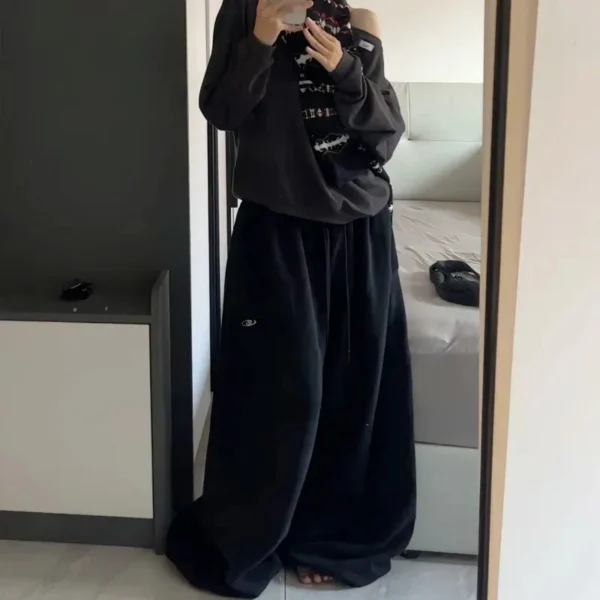 Pantalon de survêtement femme oversize noir – Streetwear coréen, taille haute, jogging décontracté 2