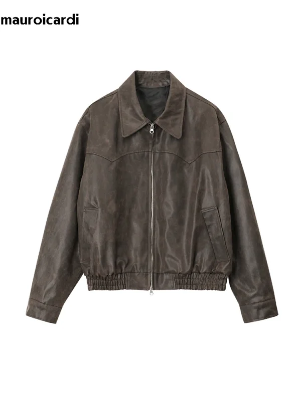 Veste Vintage Homme en Cuir PU – Marron Délavé, Style Décontracté 4