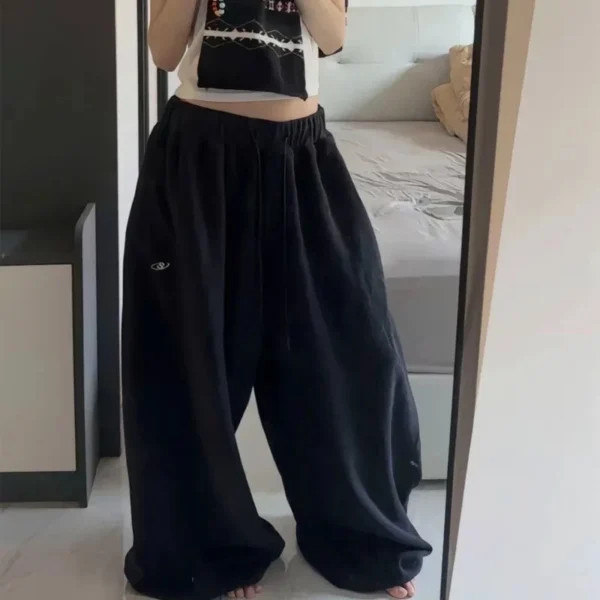 Pantalon de survêtement femme oversize noir – Streetwear coréen, taille haute, jogging décontracté 1