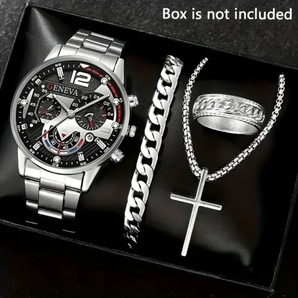 Ensemble cadeau homme 4 pièces – Montre à quartz or, collier croix, bracelet et bague 2