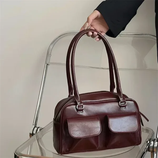 Sac à bandoulière femme vintage – Fourre-tout cuir PU bordeaux, grand sac à main élégant 1