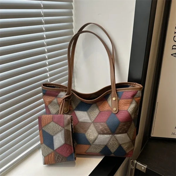 Vintage Patchwork en cuir PU sacs fourre-tout décontractés pour femmes grande capacité sac à bandoulière dames sacs à main et sacs à main bolsa feminina 1