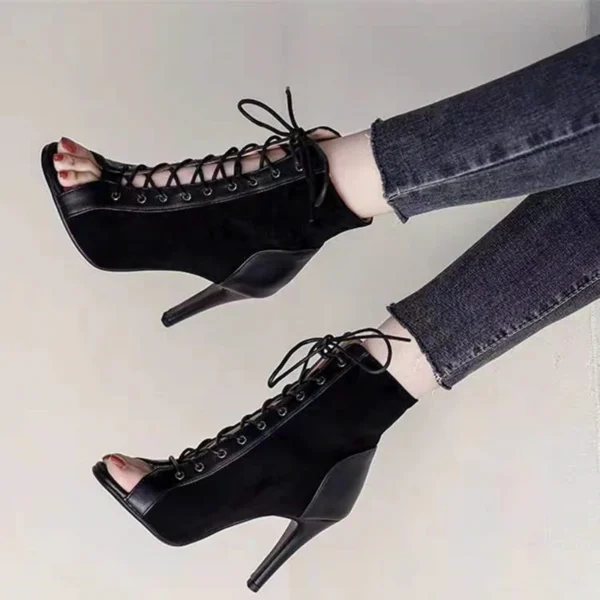 Sandales à lacets talons 9CM chaussures pour femmes été 2024 tendance noir Sexy bottes à bout ouvert mode tissu talons aiguilles Jazz danse femme 3